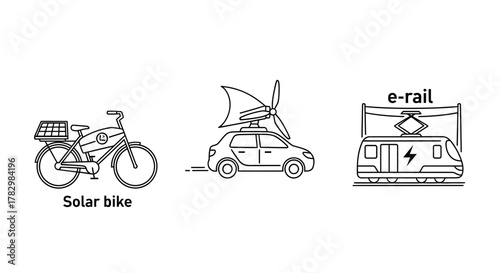 Discover sustainable transport solutions a solar bike electric car with wind turbine and an e-rail train for eco-friendly travel concepts