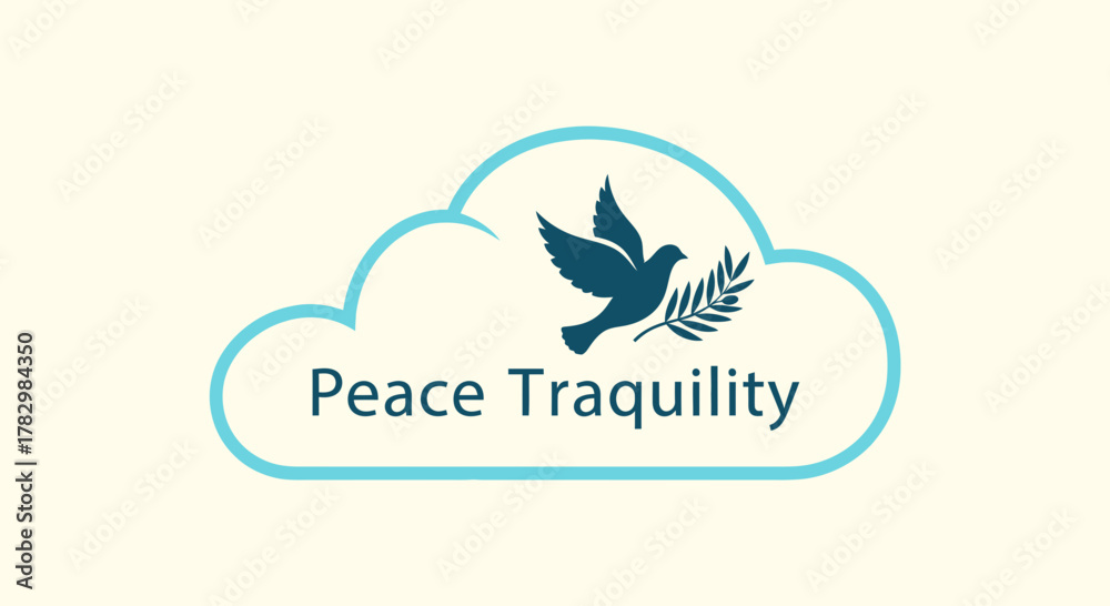 Fototapeta premium Serene dove carrying olive branch inside a calming cloud symbol representing peace and tranquility for a mindful brand