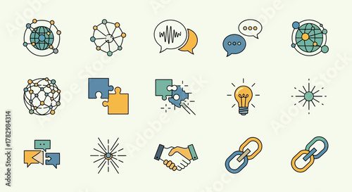 Dynamic icons representing global connection, communication, innovation, partnership, and problem-solving for modern business and technology concepts.