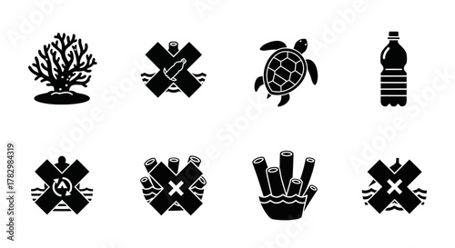 Protecting marine life from plastic pollution and ocean waste with conservation icons and symbols