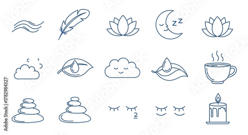 Calming icons set for relaxation and self care including zen stones, lotus, sleeping moon, and tea cup for wellness.