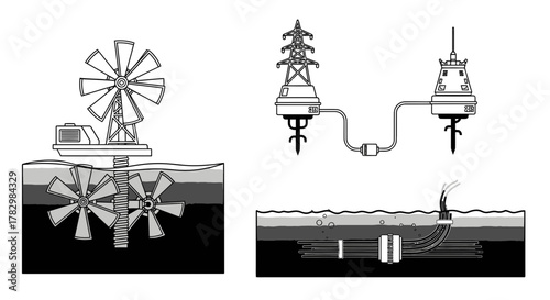 Innovative tidal energy system diagram showing turbines and power transmission infrastructure for sustainable electricity generation