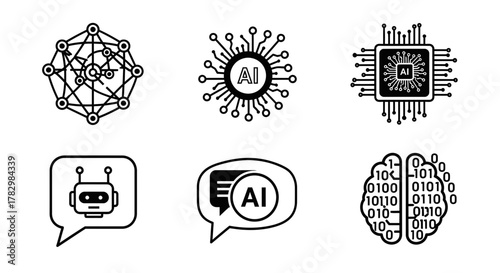 Stunning modern AI icons and symbols representing artificial intelligence, machine learning, and digital innovation for technology concepts