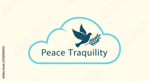 Serene dove carrying olive branch inside a calming cloud symbol representing peace and tranquility for a mindful brand