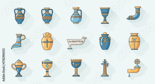 Explore ancient history with this collection of beautifully illustrated ancient Greek and Egyptian pottery and artifacts, perfect for educational and design projects.