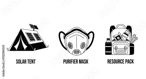 Essential survival gear collection featuring a solar tent, purifier mask, and fully stocked resource pack for outdoor adventures