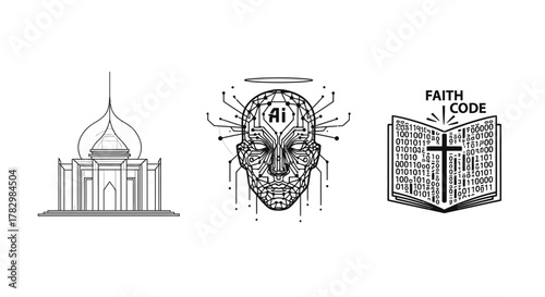 Modern AI intelligence merges with ancient faith and sacred architecture symbolizing global unity and technological advancement