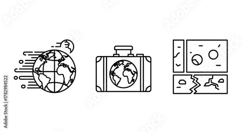 Dynamic globe icons capturing global travel, adventure, and exploration with a modern, minimalist aesthetic for impactful business and lifestyle concepts.