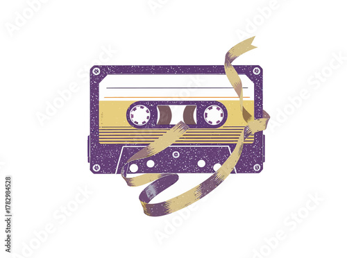 Nostalgic retro audio cassette illustration, featuring textured purple and yellow, symbolizing vintage music, sound, and cherished memories from a classic analog recording era
