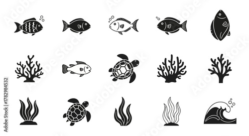 Charming collection of marine life icons featuring fish, turtles, coral, and waves for your creative projects
