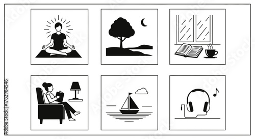 Discover serene moments with yoga, nature, reading, sailing, and music, perfect for relaxation and lifestyle content