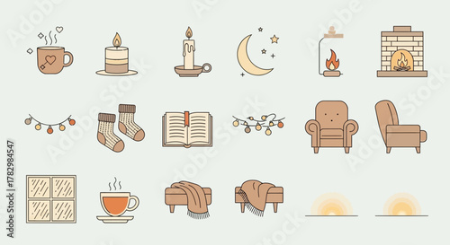 Cozy hygge elements like warm drinks, candles, books, and fireplaces evoke comfort and relaxation for peaceful home scenes.