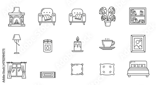 Cozy home interior elements like fireplaces, armchairs, plants, lamps, candles, and beds create a warm and inviting atmosphere for relaxation and comfort.