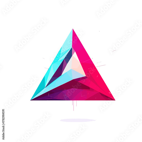 Creative abstract design of a vibrant geometric triangle. 3D faceted crystal prism icon in cyan and magenta, symbolizing modern technology and innovation