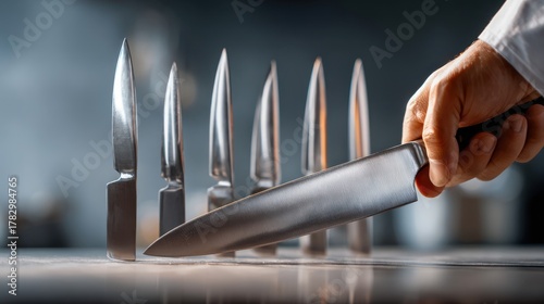 Chef Hand Holding Large Knife Cutting Sharp Kitchen Knives in Professional Culinary Setting