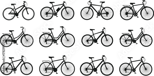 Bicycle silhouette set, bike icons, frame styles, handlebar shapes, wheel variations, basket design, black vector, cycling gear, minimal layout