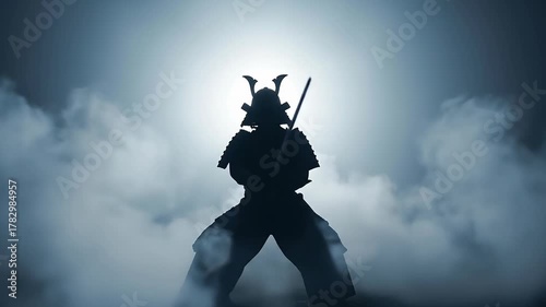 Samurai Warrior Silhouette A Dance of Shadows and Steel in the Mist.