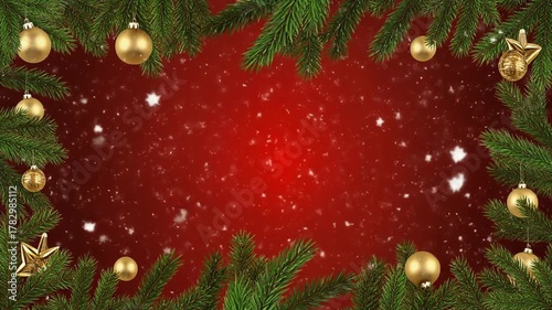 A festive Christmas background with green pine branches, golden ornaments, and falling snow on a vibrant red backdrop.