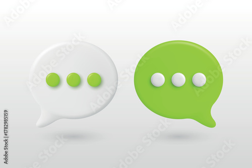 Vector 3d White and Green Chat Bubbles. Speech Balloons with Dots. Modern Messenger Icon, Communication Symbol, Chat App UI Element, Social Media Message Design Template