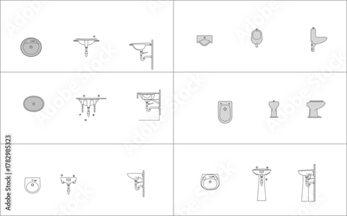 Line art vector set of bathroom and plumbing fixtures: sinks, urinals, and toilets shown in plan, elevation, and detailed section views.