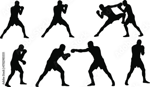 Boxer silhouette vector, fighting stance clipart, black athlete icon, punch motion graphic, sparring pose illustration, combat sport design