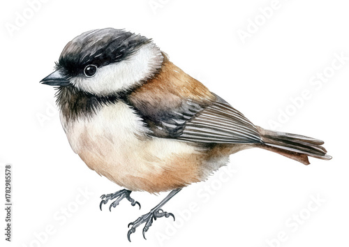 Watercolor painting of a chestnutbacked chickadee isolated on transparent background, showcasing its distinctive markings and fluffy plumage in soft, natural colors