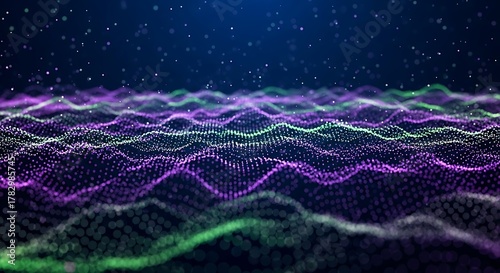 Fototapeta Naklejka Na Ścianę i Meble -  Abstract digital wave of glowing particles in purple and green, representing data flow and network connections in a futuristic digital landscape