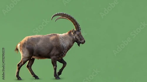 Graceful alpine ibex walking and grazing on green screen for easy compositing wildlife footage.