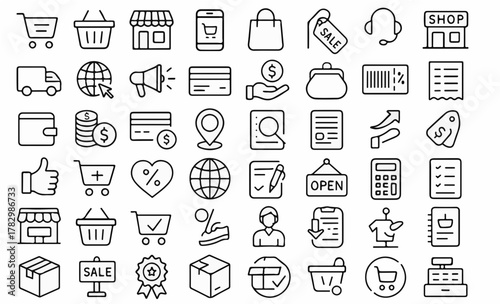 Shopping Line Icons Collection – 60 Unique Black & White Editable Outline Symbols