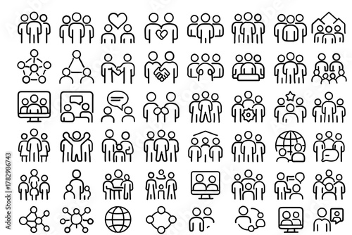 Modern Community Line Icons – 60 Unique Black & White Editable Outline Symbols