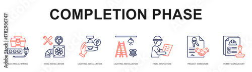 Completion Phase Modern and clean web banner illustration featuring thematic icons for visual communication