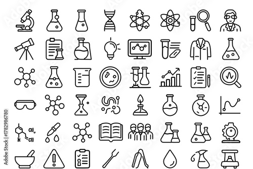 Science & Research Line Icons Pack – 60 Unique Black & White Editable Outline Symbols