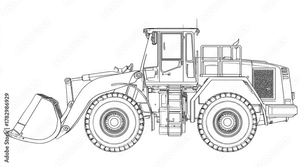 Naklejka premium Line drawing of a heavy-duty front loader construction vehicle.