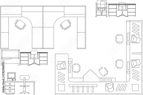 Vector set of detailed office layouts: desks, modular cubicles, chairs, and storage units in plan view and elevation for CAD drawings.