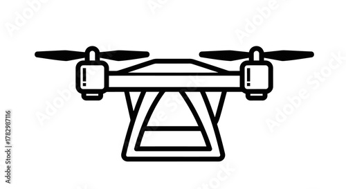 Quadcopter drone line art icon for modern technology and aerial photography concepts. Simple black and white vector graphic of an unmanned aerial vehicle on an isolated white background