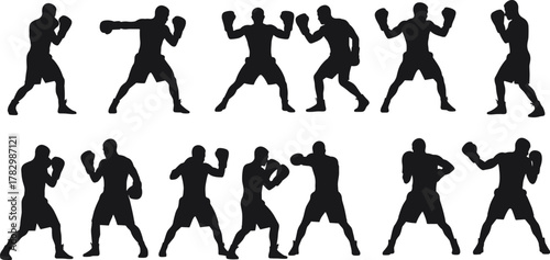 Boxer silhouette poses, boxing stance illustration, martial arts training, fighter movement vector, sports action clipar