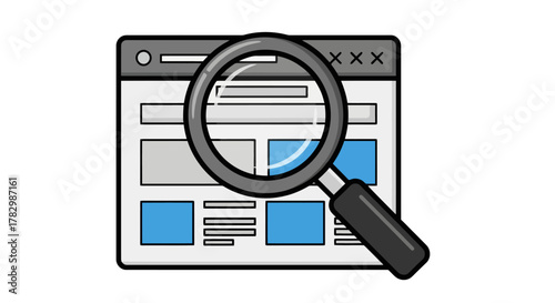 Illustration of a search loupe examining a webpage layout, representing internet research, data analysis, and digital content discovery
