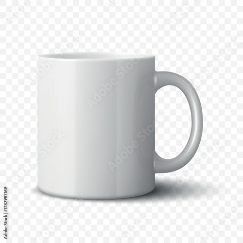 Vector 3D Realistic White Ceramic Mug. Tea or Coffee Cup, Isolated. Blank Promotional Cup for Branding, Corporate Gift, Advertising, Merchandise, Logo Template, Mockup