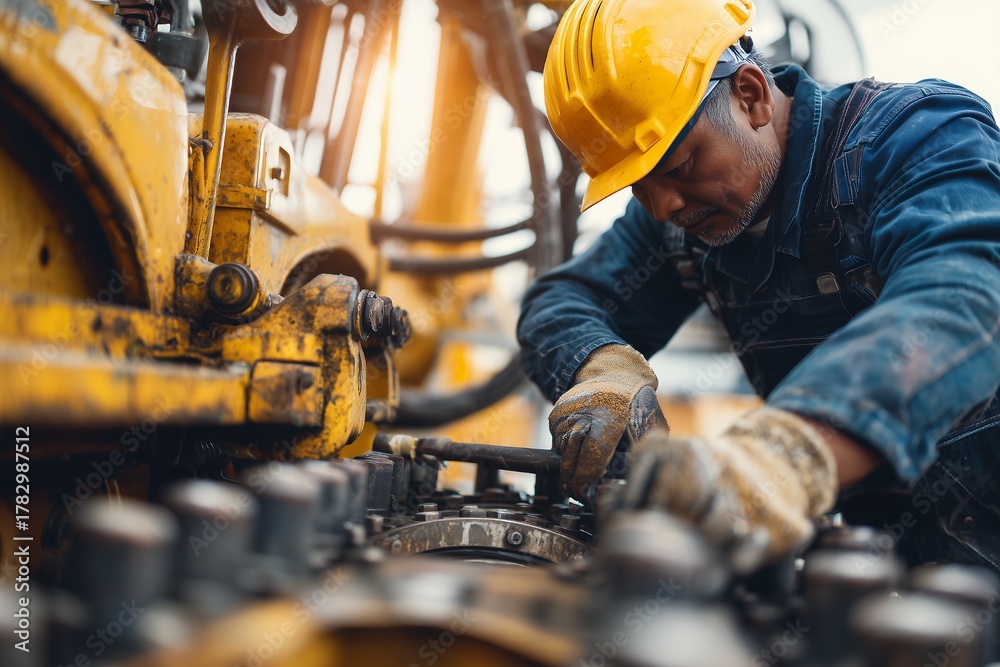 Obraz premium Focused heavy equipment mechanic repairs a machine wearing protective gloves and a yellow hardhat. Concept for industrial maintenance, machinery repair and heavy construction equipment