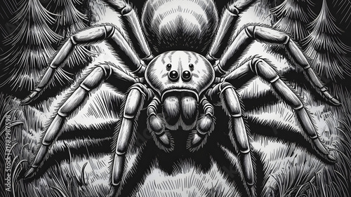 Close up black and white illustration of a large spider with eight legs and multiple eyes