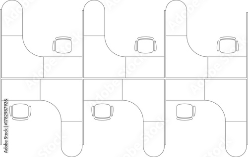 Line art vector set of office cubicles and workstations in plan view, showing modular arrangement of desks, panels, and chairs.