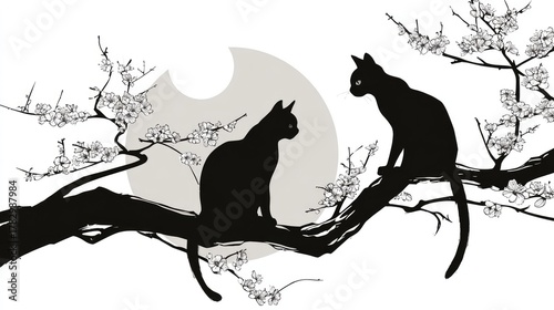 Two black cats sit on cherry blossom branches against a soft moonlit sky.