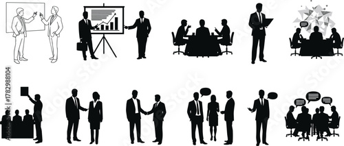 Business meeting, corporate teamwork, office collaboration, professional presentation, brainstorming session, handshake deal, business communication, leadership