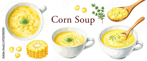 水彩のコーンスープと食材のイラストセット,ポタージュ,トウモロコシ,カフェ,料理,ベクター