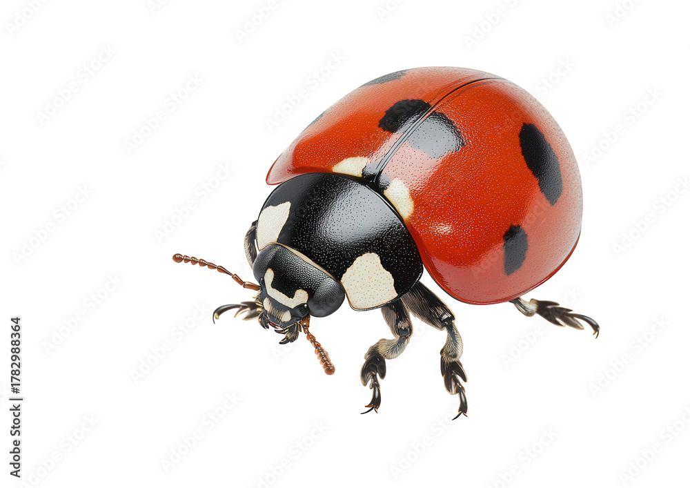 Fototapeta premium Isolated on transparent background, a vibrant ladybug with red and black spots sits in profile, showcasing its iconic pattern and delicate features