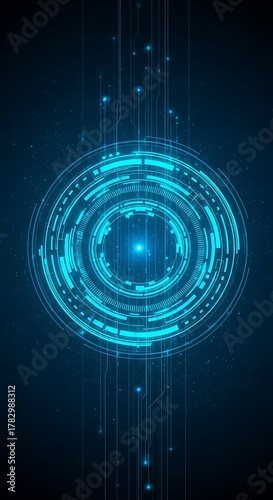 Futuristic blue digital interface with glowing concentric circles and data streams against a dark starry background, representing technology and innovation