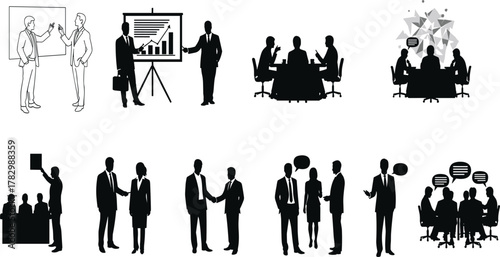 Business presentation, corporate meeting, office teamwork, professional collaboration, handshake deal, strategy planning, communication, leadership, brainstorming session, business icons