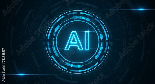 Futuristic ai logo with glowing blue neon effect on a dark technological background, representing artificial intelligence and digital innovation
