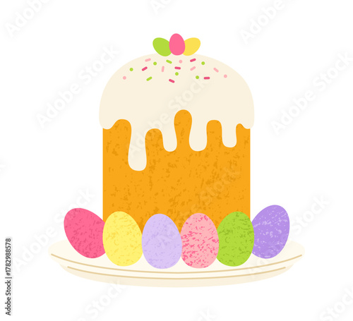 Easter cake and eggs for Happy Easter card, postcard, invitation, poster. Holiday Easter bakery cute sweet bread with icing sweet pastry. Hand drawn vector grainy texture isolated illustration