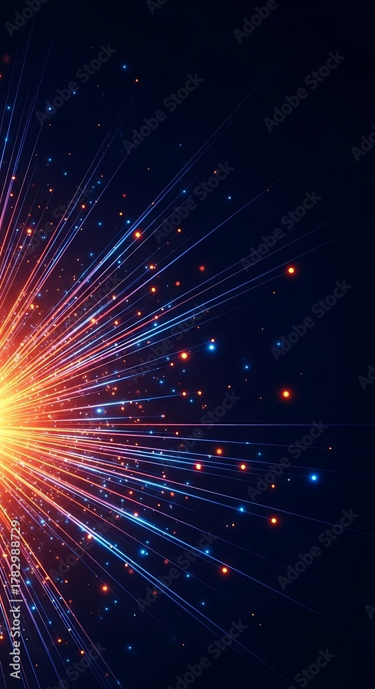 Fototapeta premium Abstract explosion of light and energy, with glowing particles radiating outwards against a dark background, symbolizing data or a cosmic event